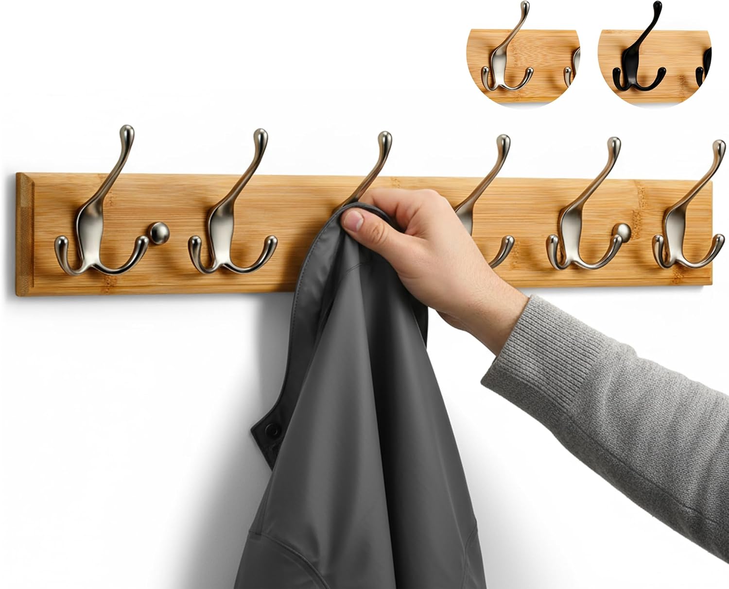 Wooden Wall-Mounted Coat Rack — 6 Triple Hooks, 59cm