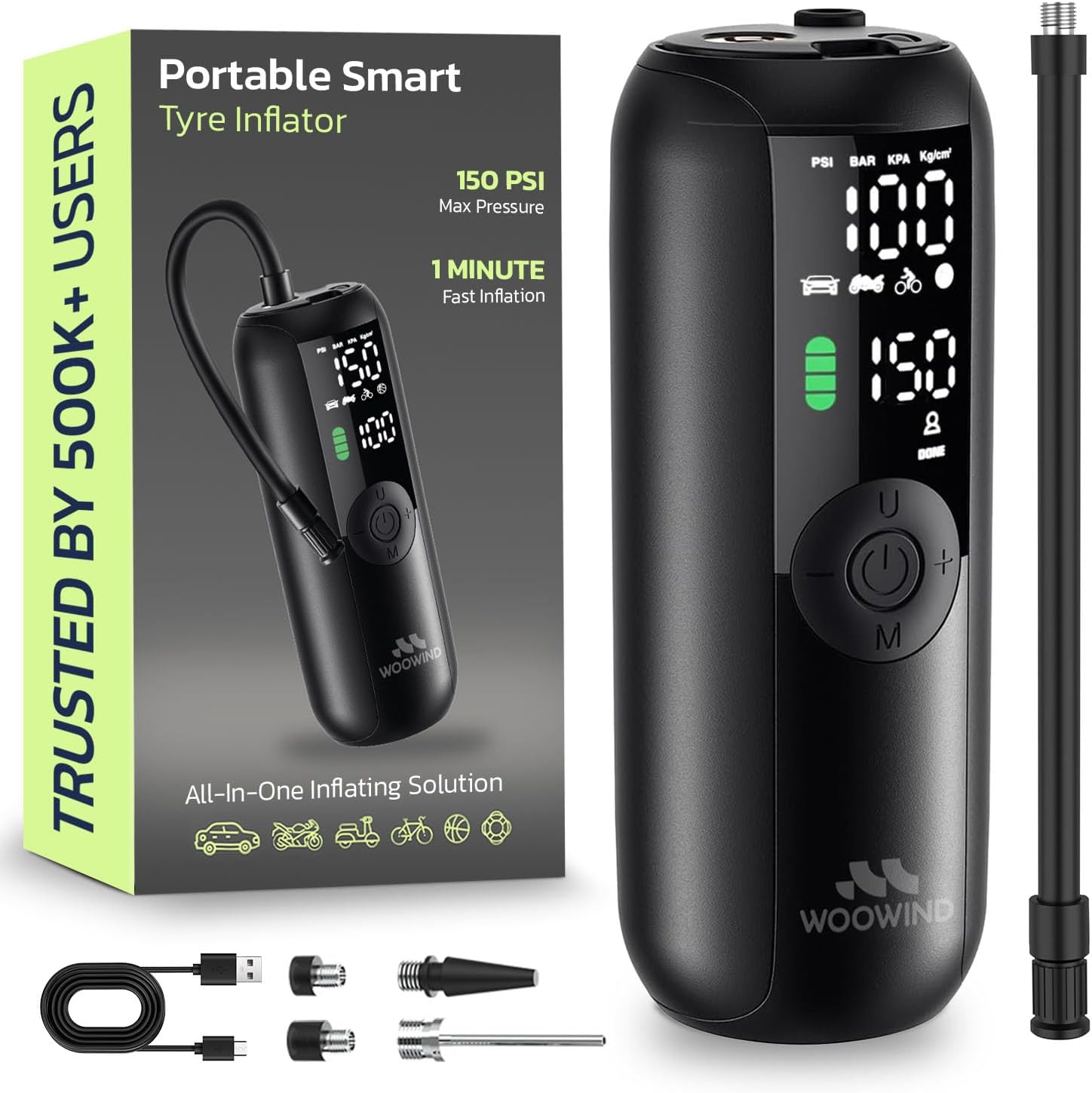 Cordless Tyre Inflator Air Pump — 150 PSI, Rechargeable