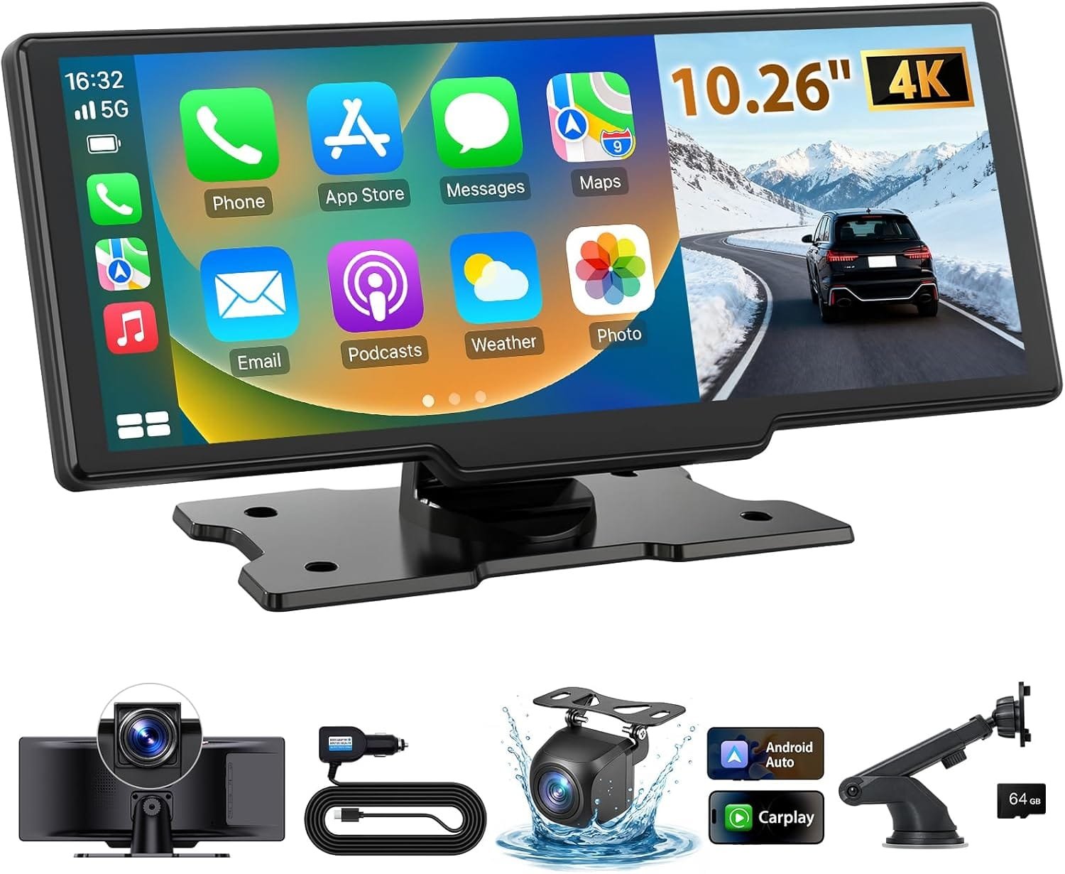 2026 10.26-inch Wireless CarPlay Screen — 4K Dash Cam & Rear Camera