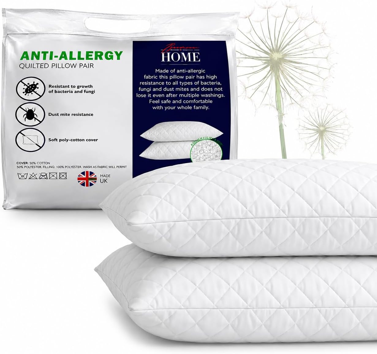 Hotel Quality Pillows 2 Pack — Quilted Cover, Hypoallergenic