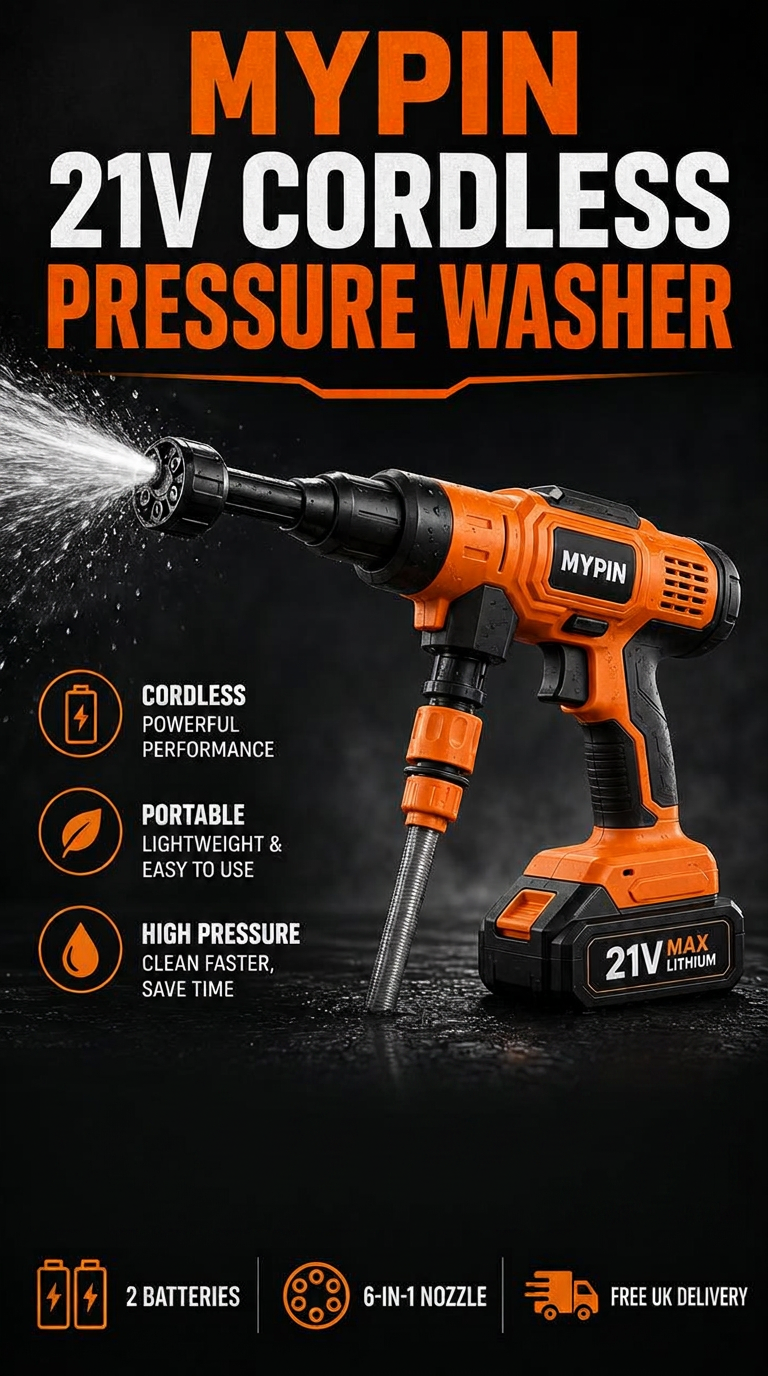 MYPIN 21V Cordless Pressure Washer — 2 batteries, 6-in-1 nozzle, free UK delivery